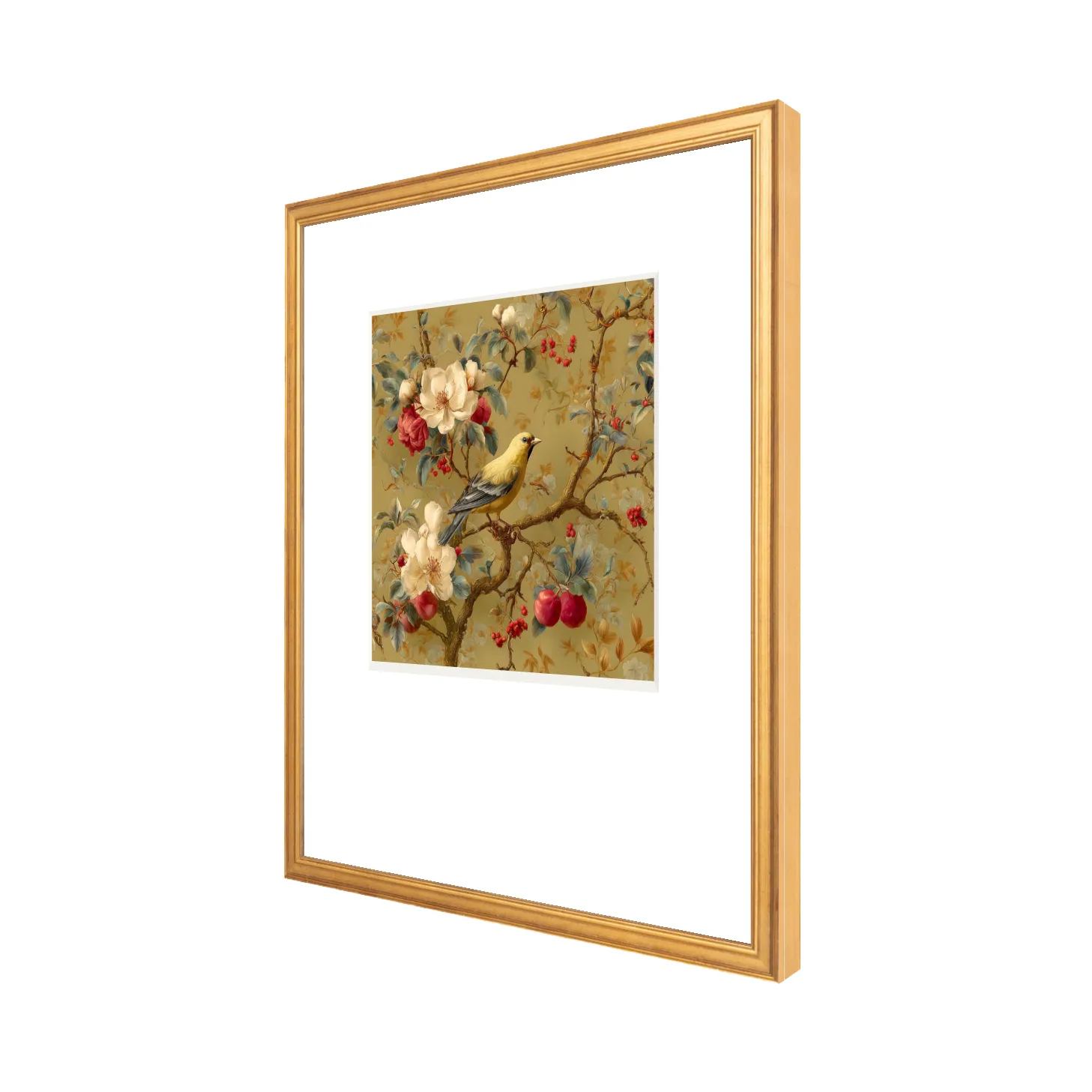 Chinoiserie Songbird Wall Art – Professionally Framed in Certificate Gold Side View