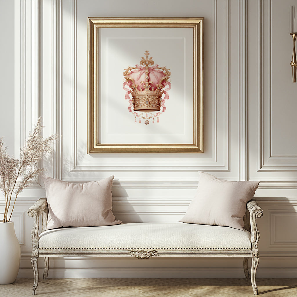 Crown Wall Art Print - Whimsical Pink and Gold-tone Emblem for Home Decor