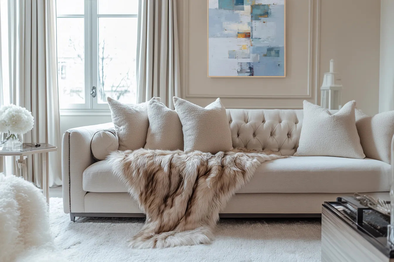Beige sofa with decorative pillows and a fur throw in a living room setting.