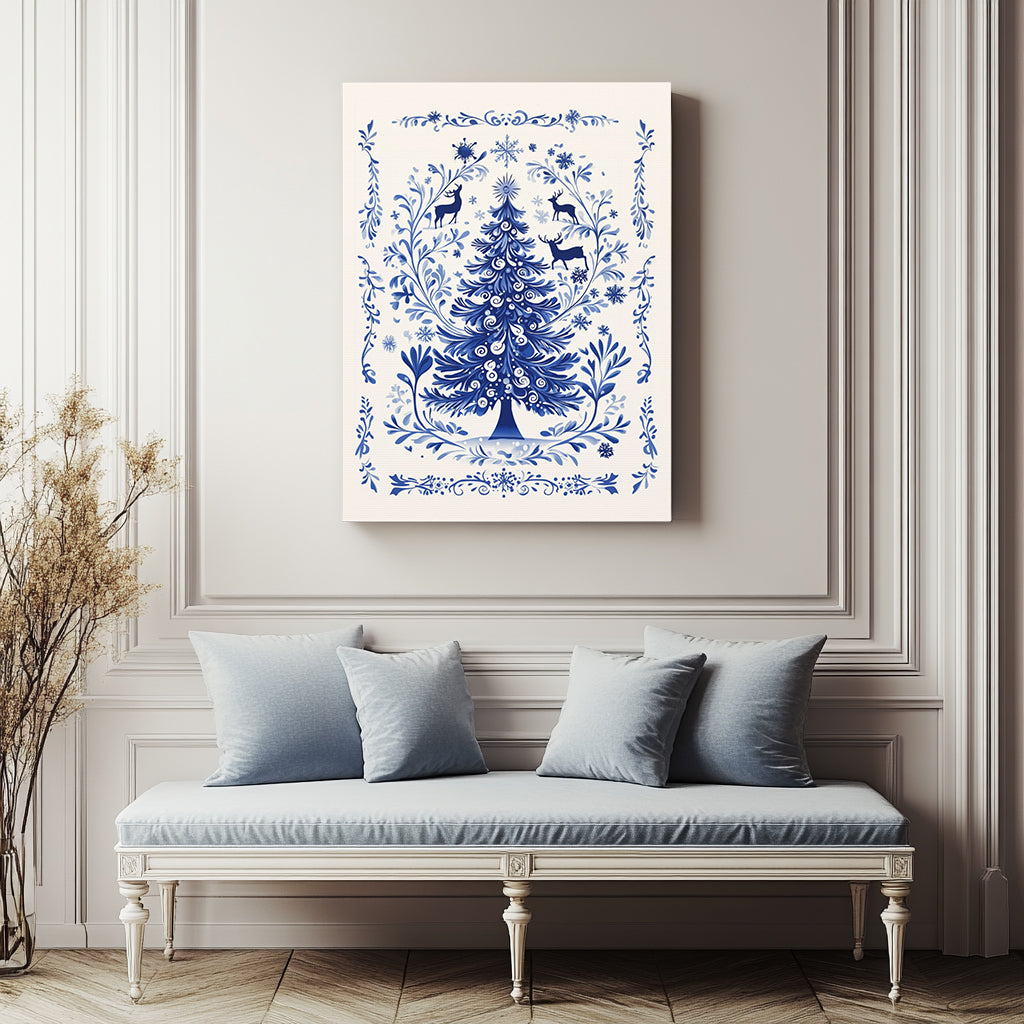 Christmas Tree Canvas Print above a blue velvet bench in a luxury interior