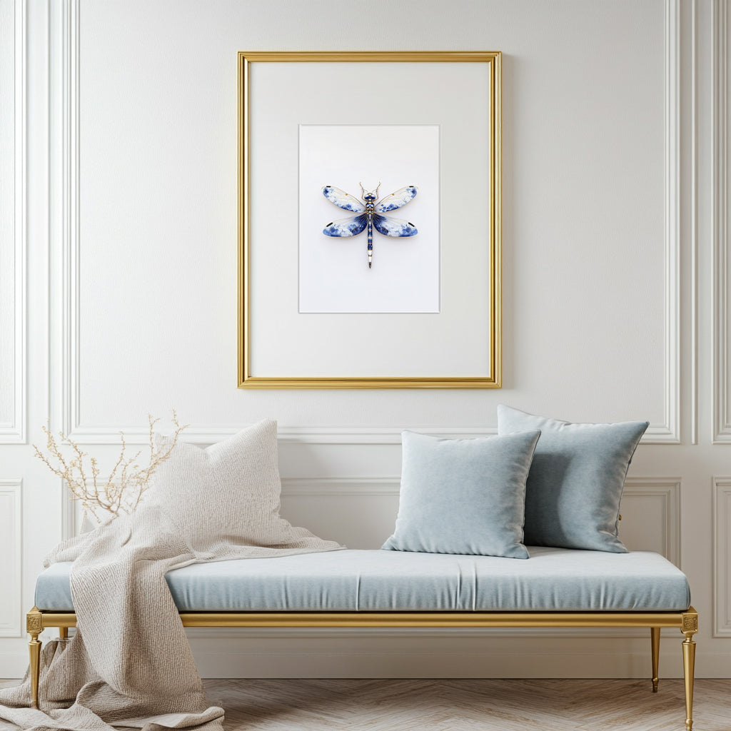 Blue and White Dragonfly Wall Art Print - Delft Inspired on White Background