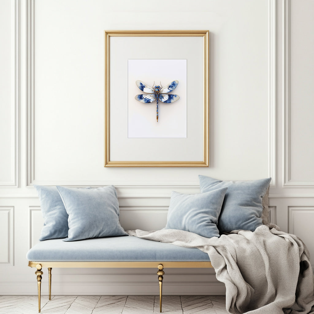 Blue and White Dragonfly Wall Art Print - Delft Inspired on off-white background