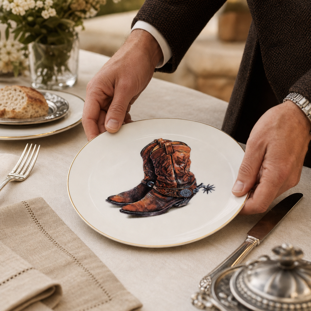Amarillo Western Boot Pattern Bone China Round Salad Plate