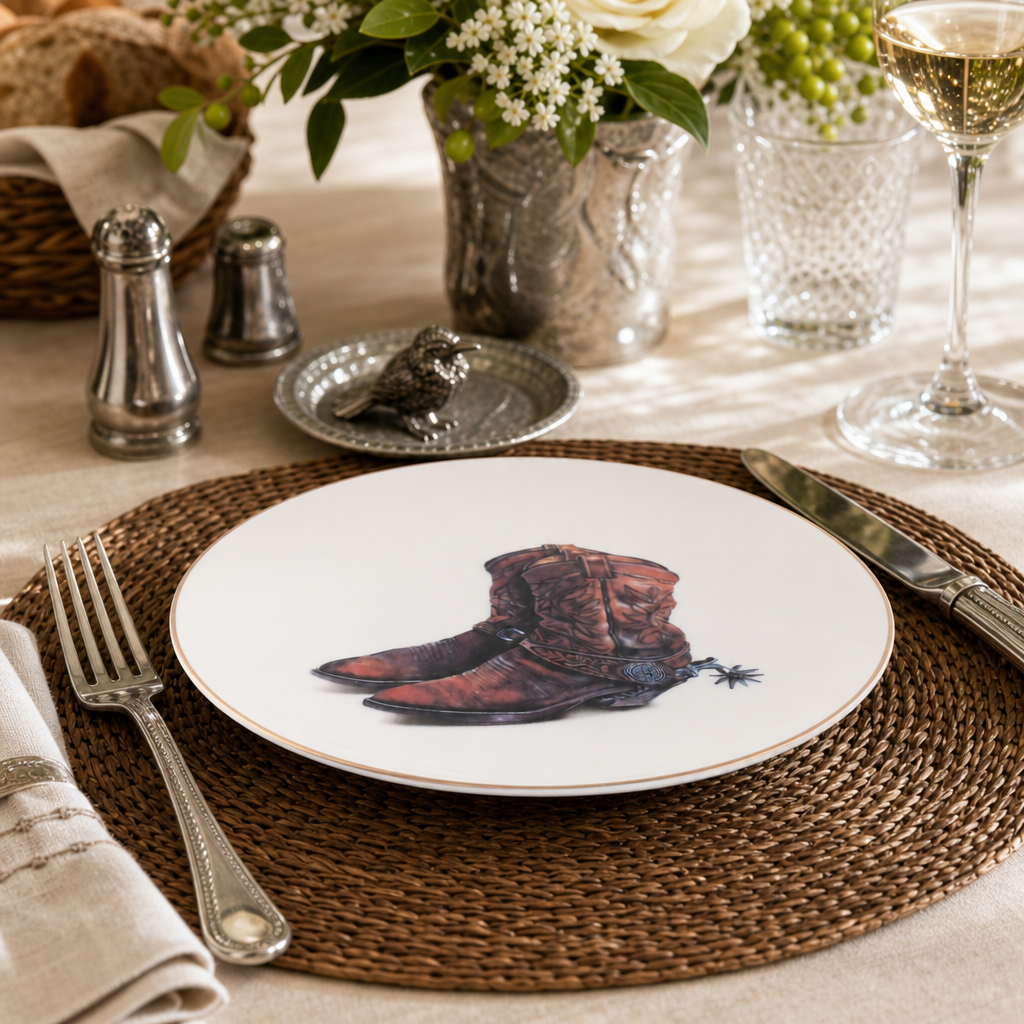 Amarillo Western Boot Pattern Bone China Round Salad Plate