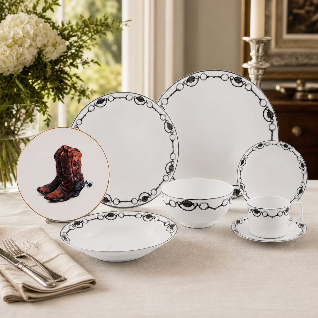 Amarillo Western Boot Pattern Bone China Round Salad Plate