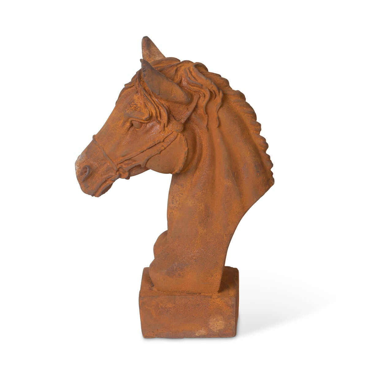 Rust-colored horse head sculpture on a white background