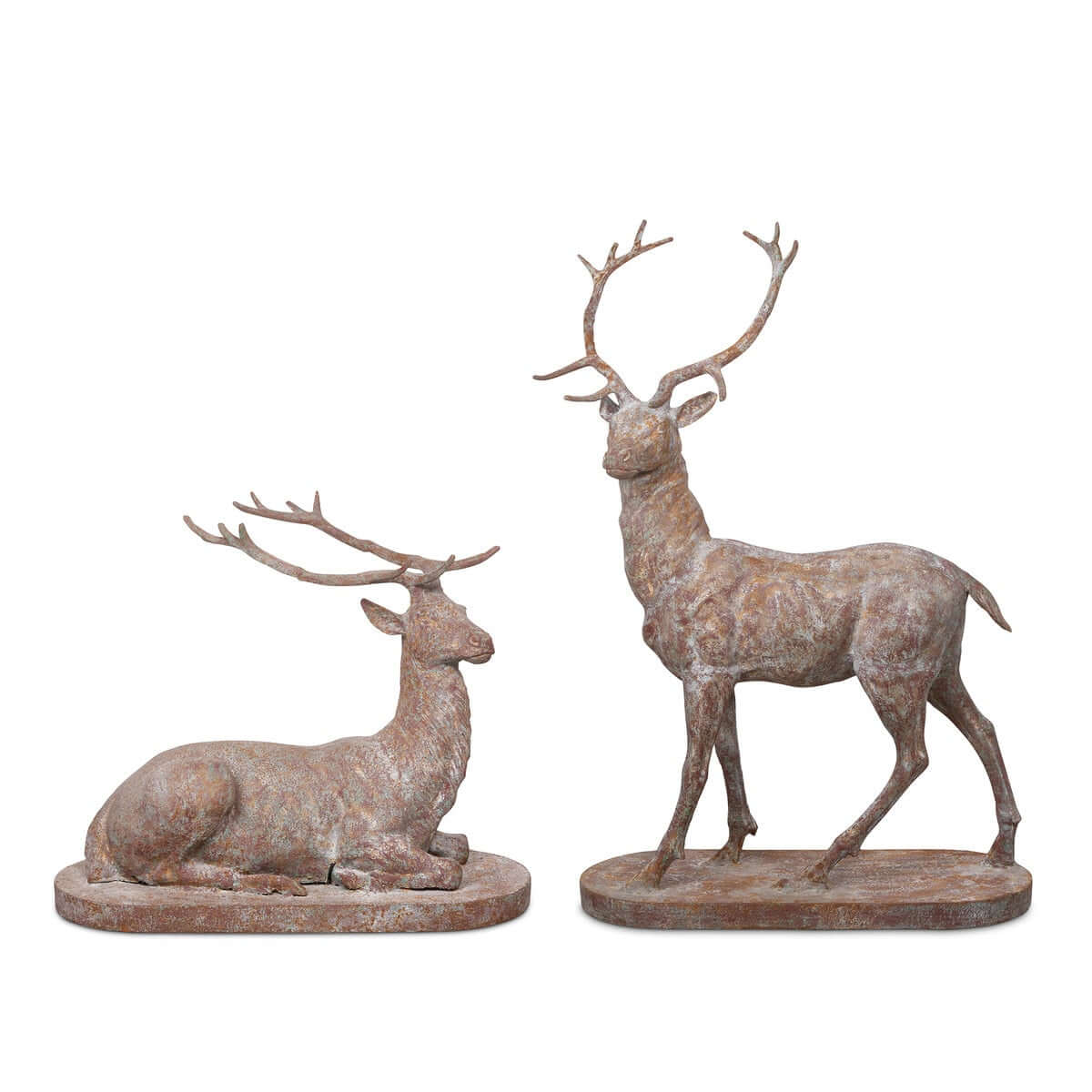 Two deer statues, one standing and one sitting, on a white background