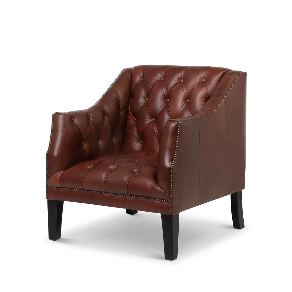 Brown leather tufted armchair on a white background