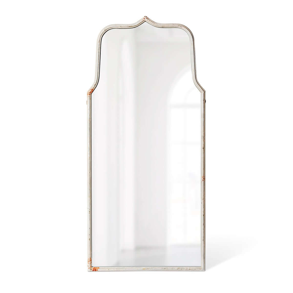 Tall rectangular distressed white framed mirror on a white background