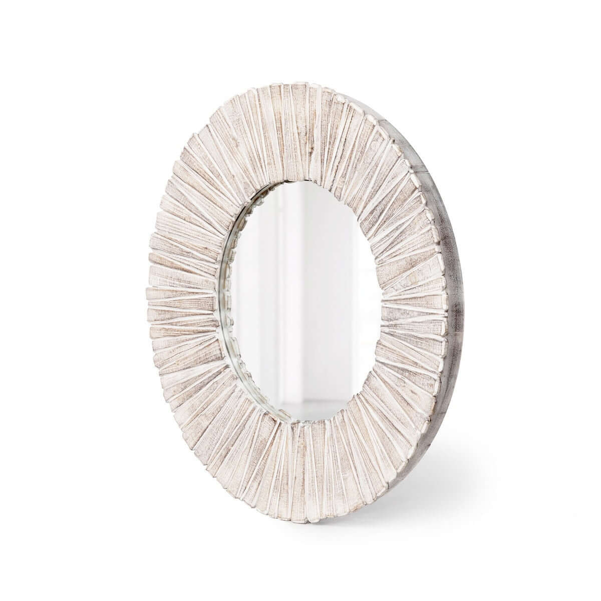 Side angle of a Whitewashed Wood Slat Round mirror with a textured beige frame on a white background