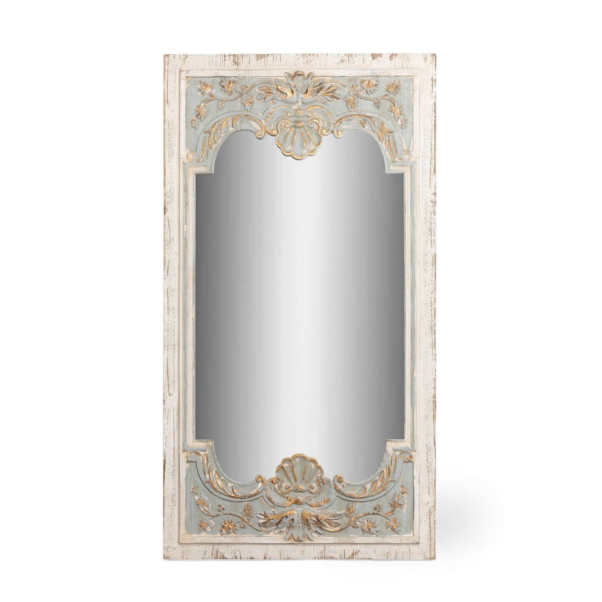 Decorative wall mirror with ornate frame on a white background