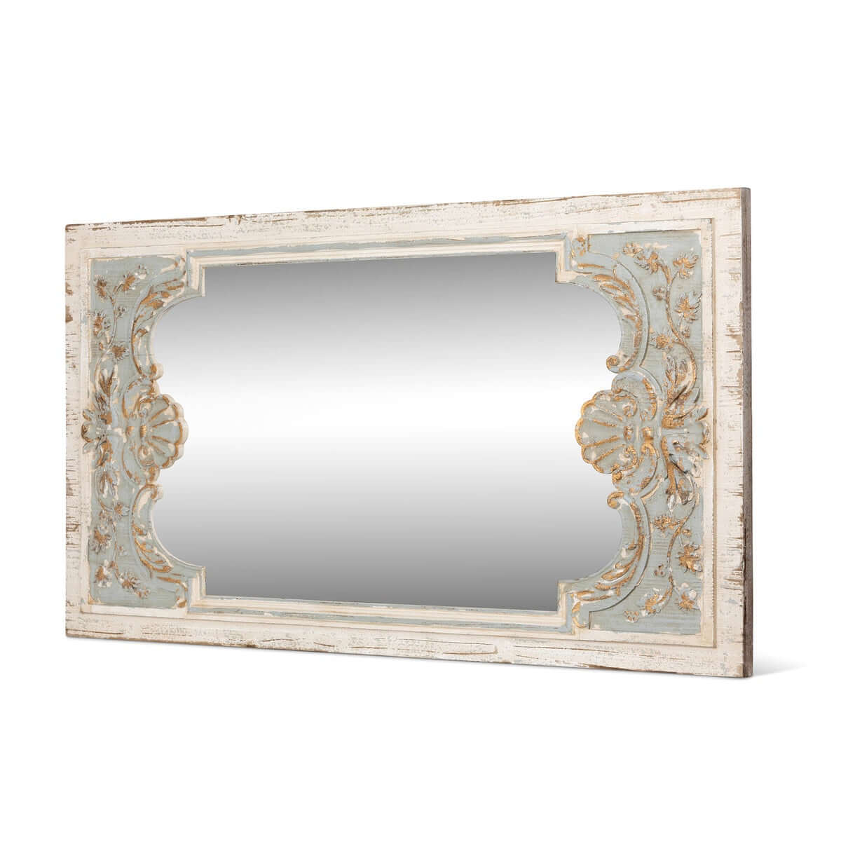 Decorative wall mirror with ornate frame on a white background