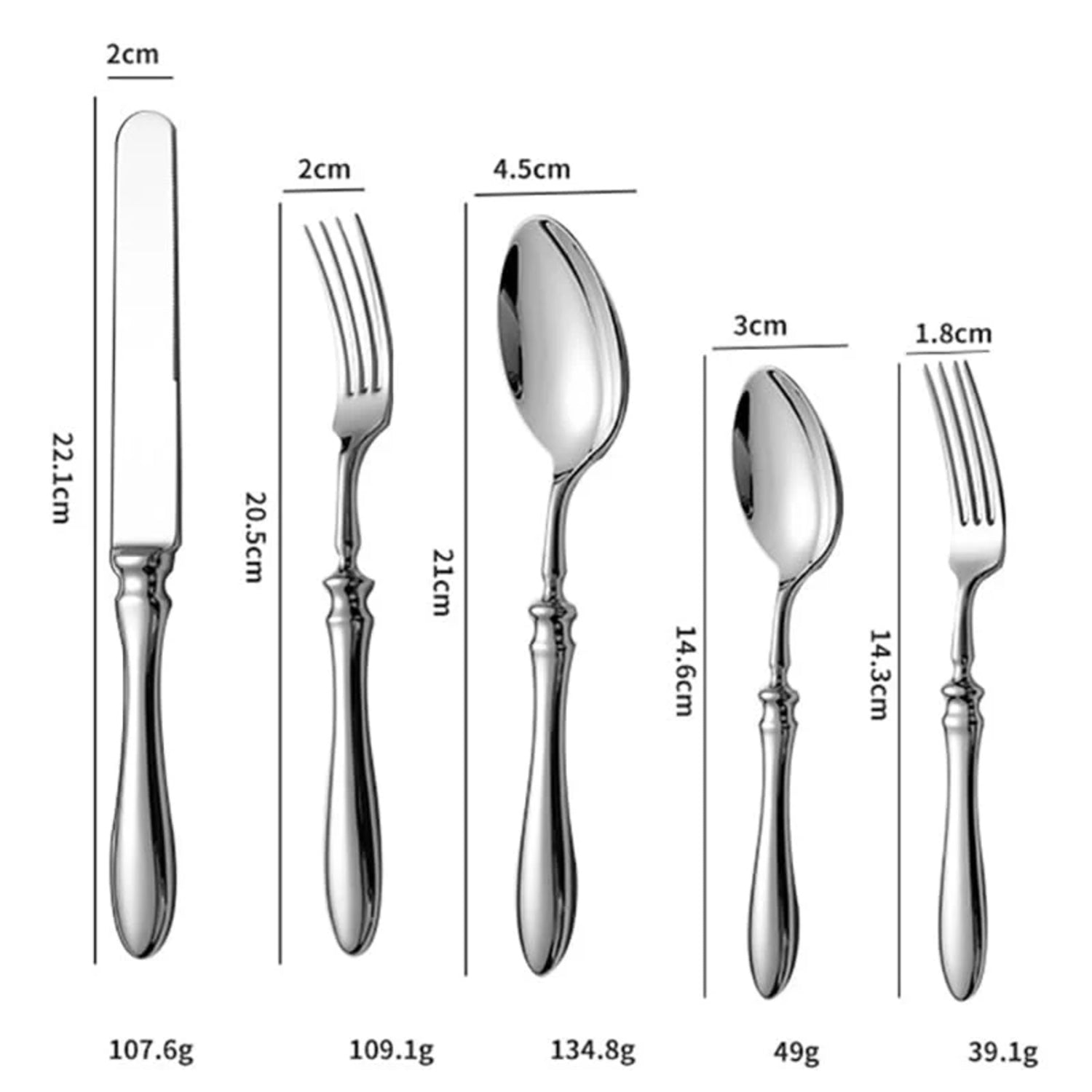 Measurement chart of silverware including knife, fork, and spoons with dimensions and weights.
