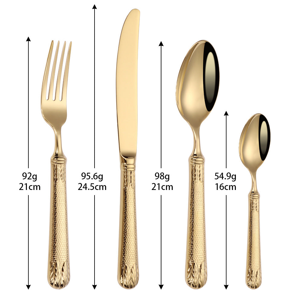 Gold cutlery set with measurements on a white background