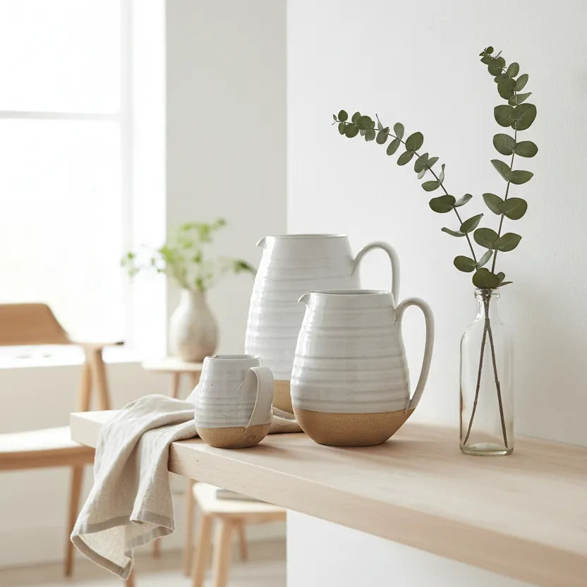 Ceramic pitchers and a vase with eucalyptus on a wooden table in a bright room.
