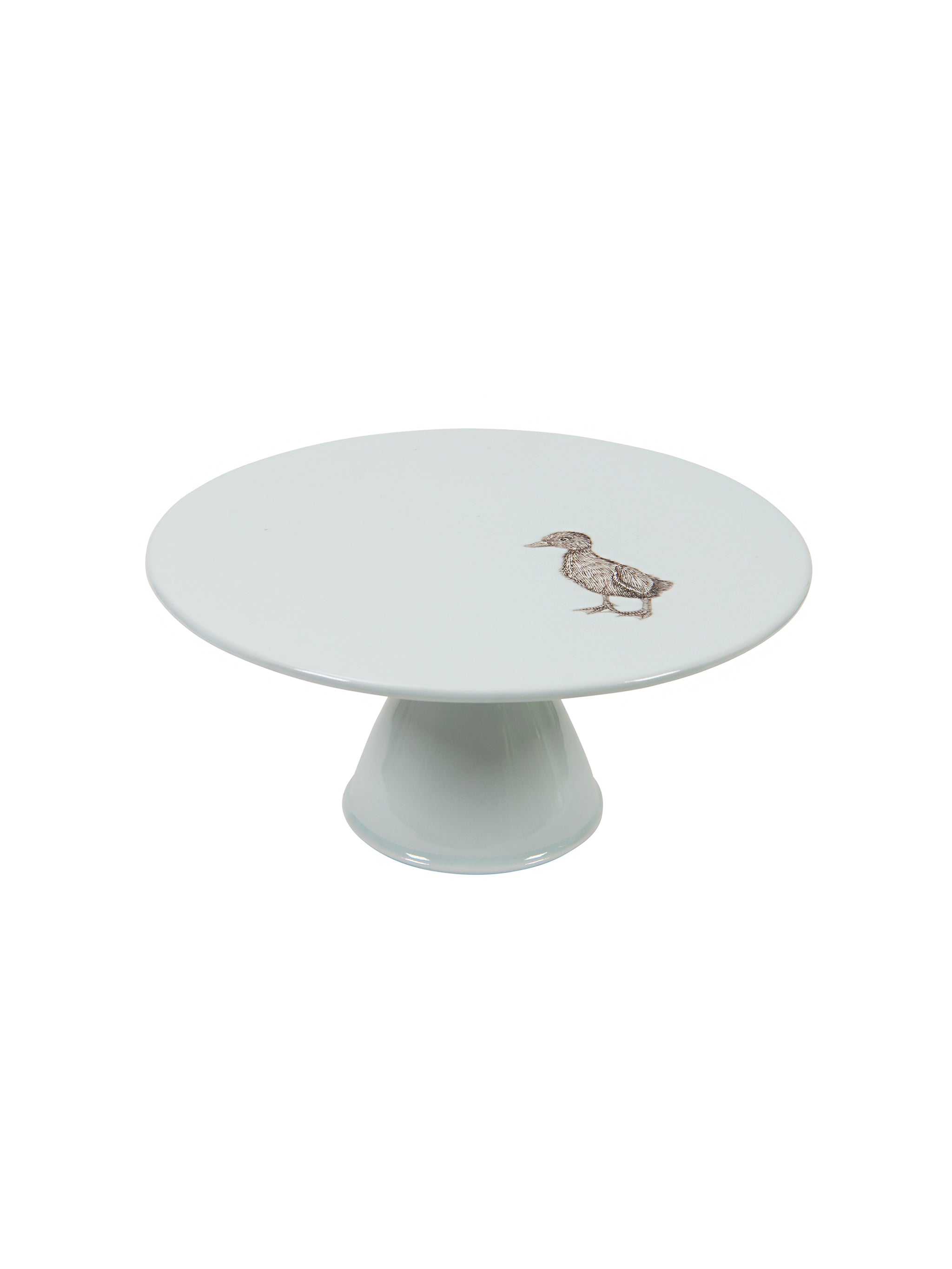 White cake stand with a duck design on a white background