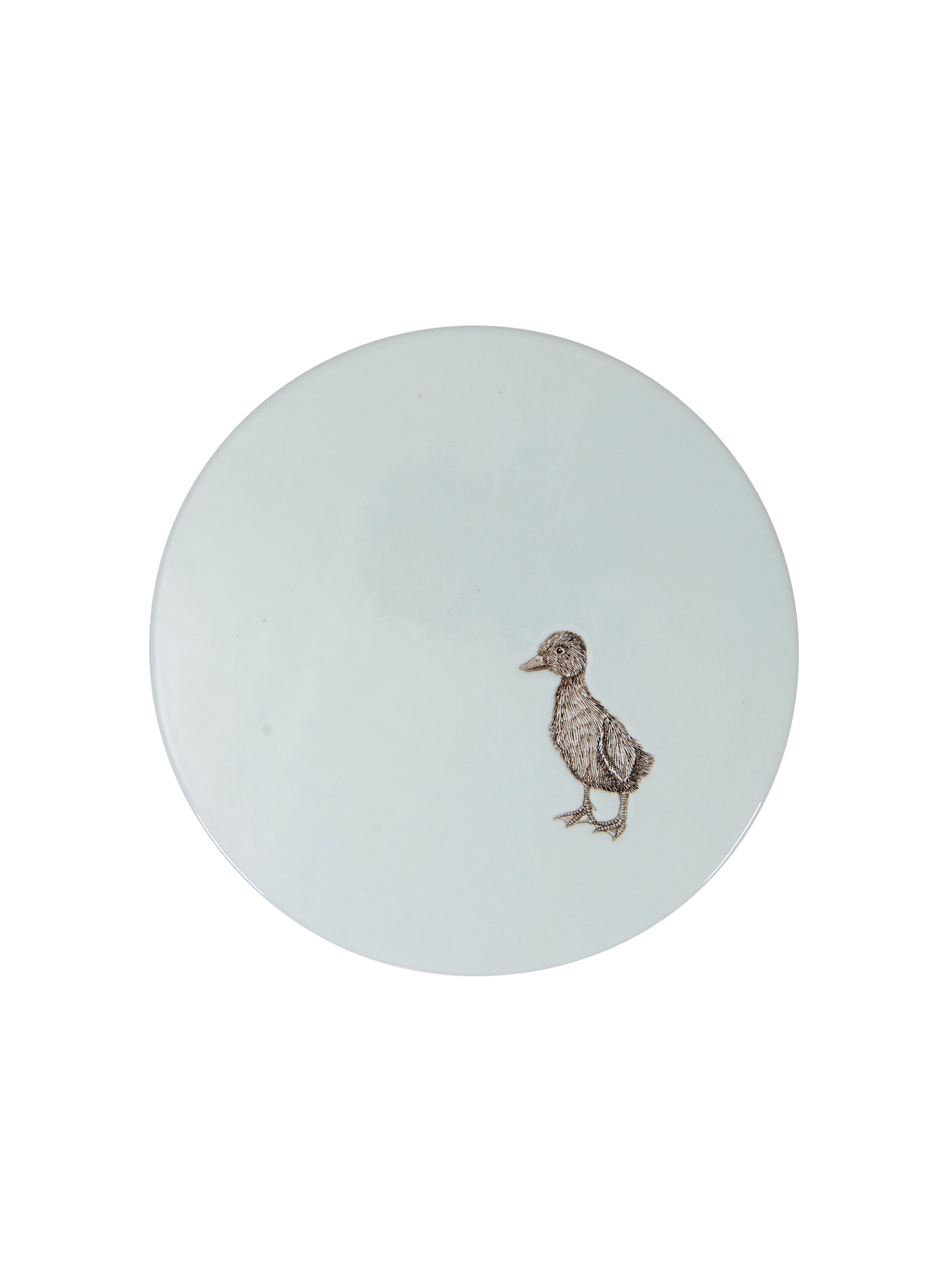 Round ceramic cake stand seen from above with a duck design on a light blue background