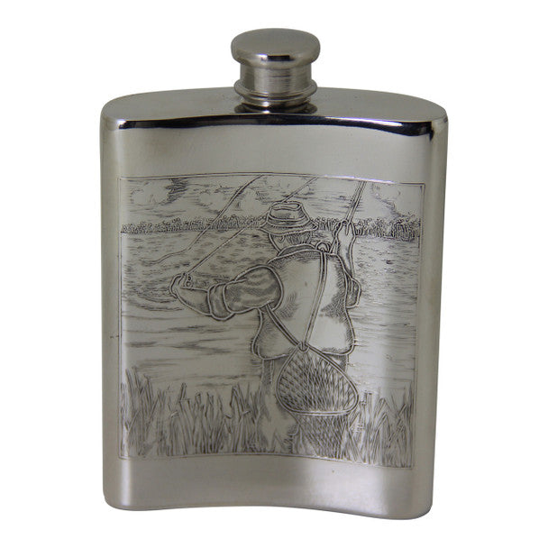 Silver Pewter flask with engraved design of a person fishing on a white background