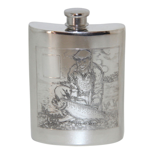 A silver pewter flask with a detailed fishing scene engraving on its surface.