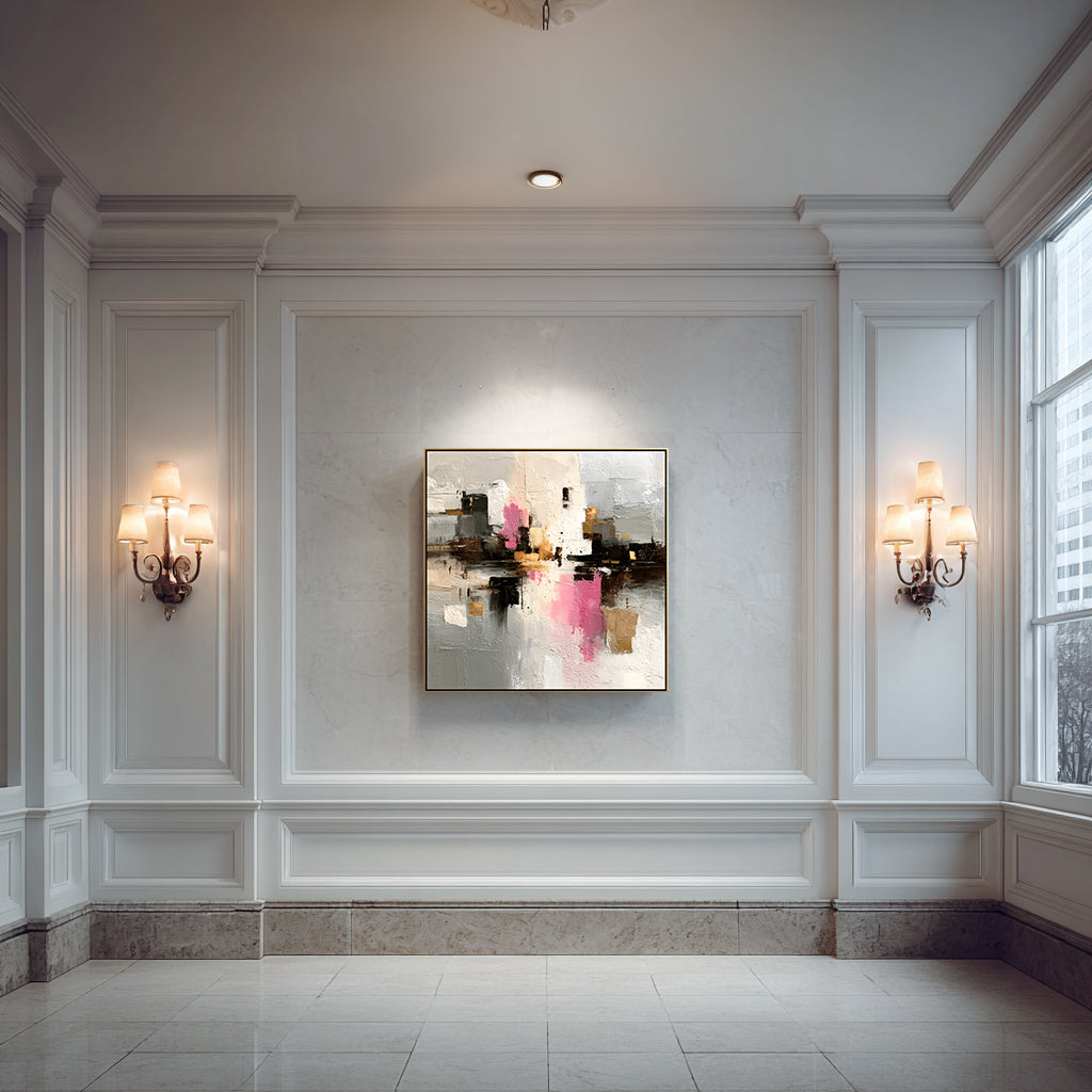Framed Abstract Canvas Print - Textured Modern Wall Art in Pink, Beige & Gold | Elegant Black & Gold Floating Frame
