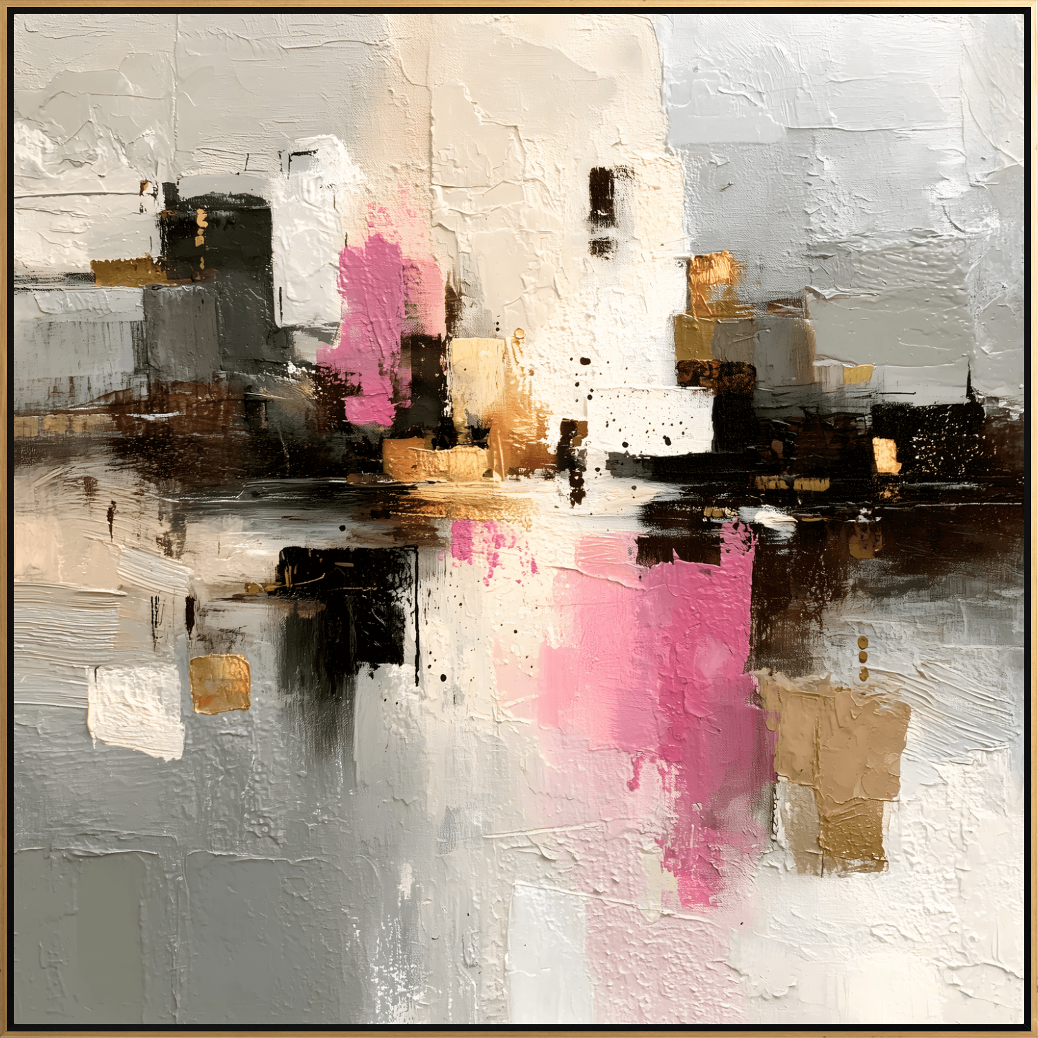 Abstract art with pink, gold, and black elements on a gray background