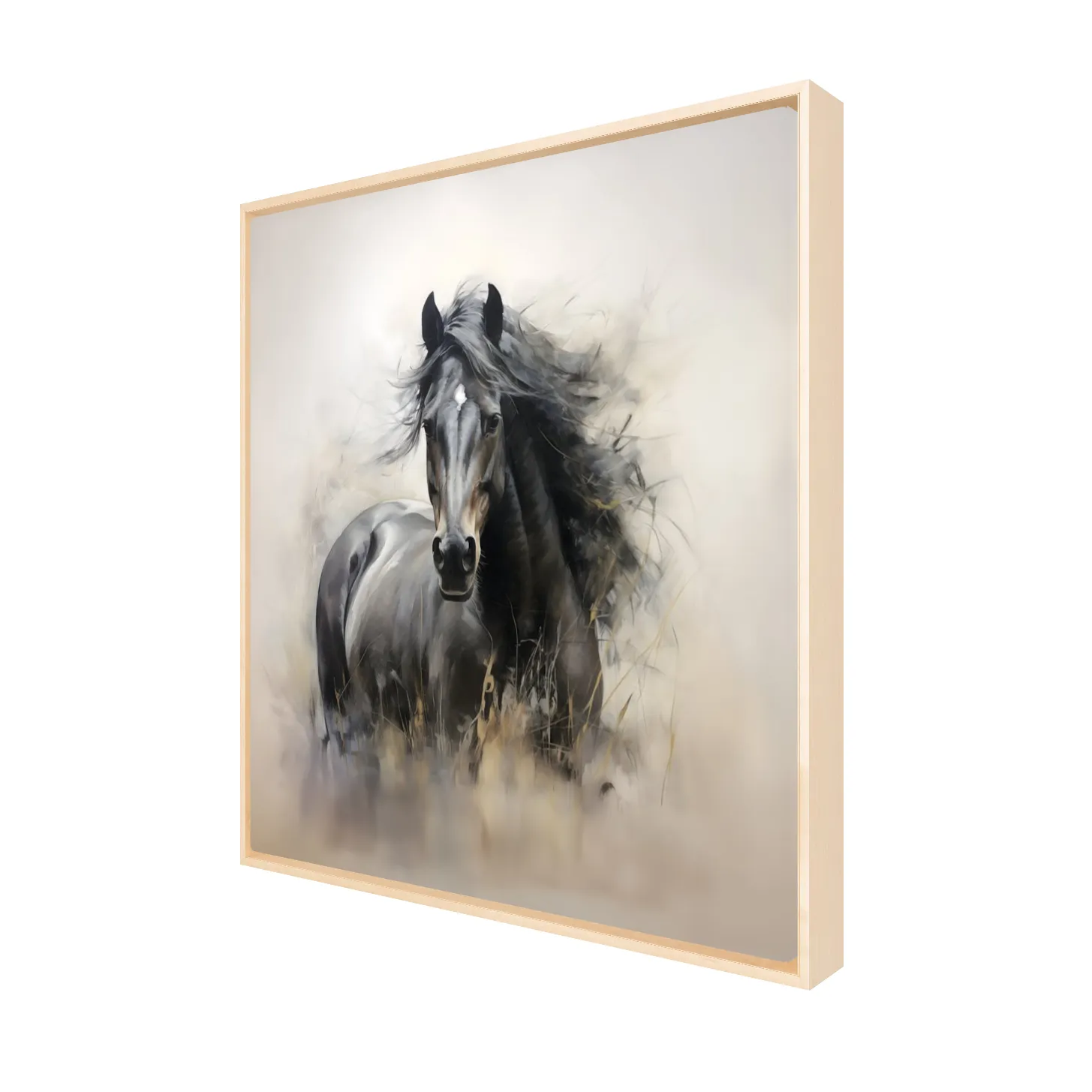 Framed Canvas Print artwork of a horse on a white background in Natural Wood Floating Frame 24" x 24"