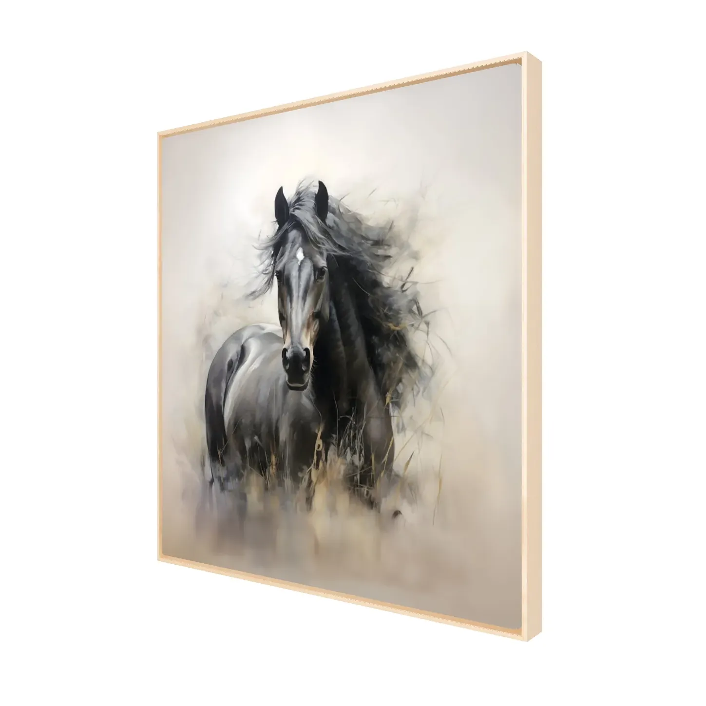 Framed artwork of a horse on a white background, natural wood frame side view
