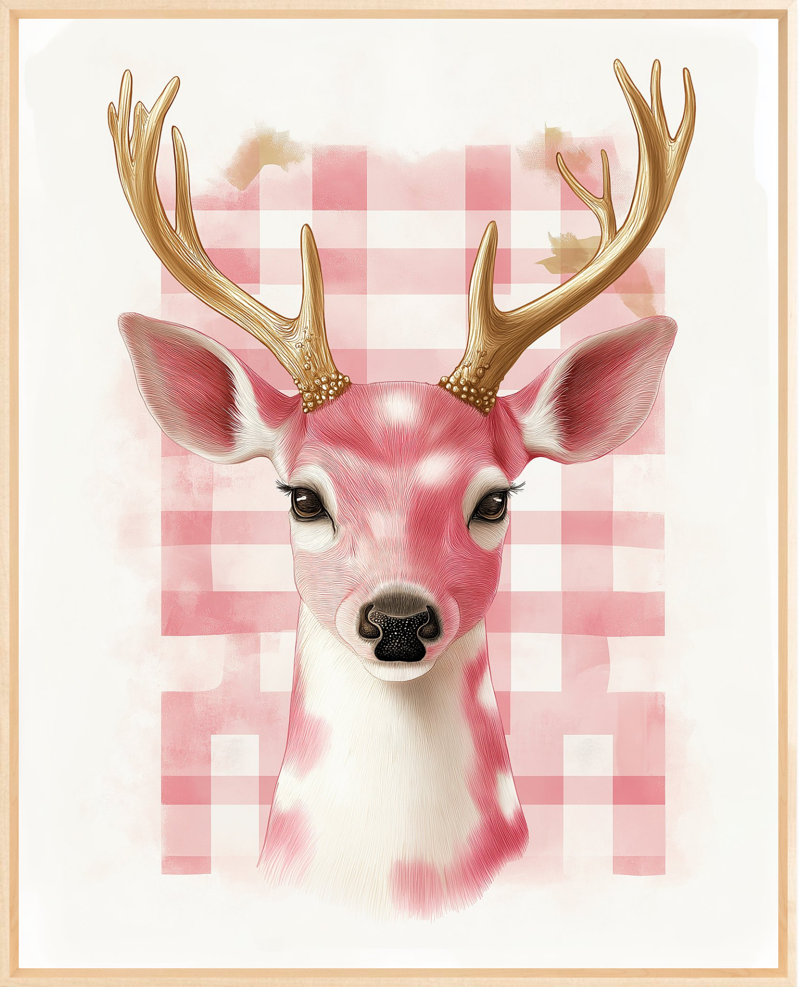 Framed Deer Canvas Print - Pink & White Plaid Wall Art with Gold Antlers - Float Frame