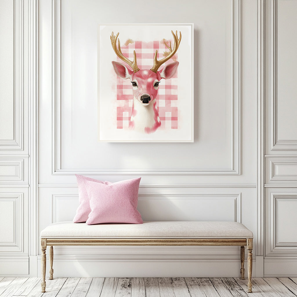 Framed Deer Canvas Print - Pink & White Plaid Wall Art with Gold Antlers - Float Frame