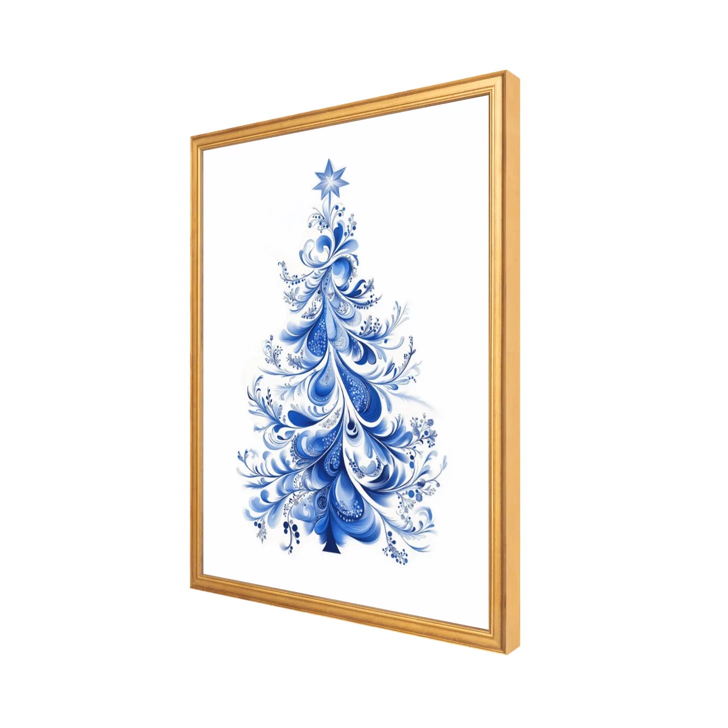 Framed artwork of a blue Christmas tree with a star on a white background, side view, 16" x 20"