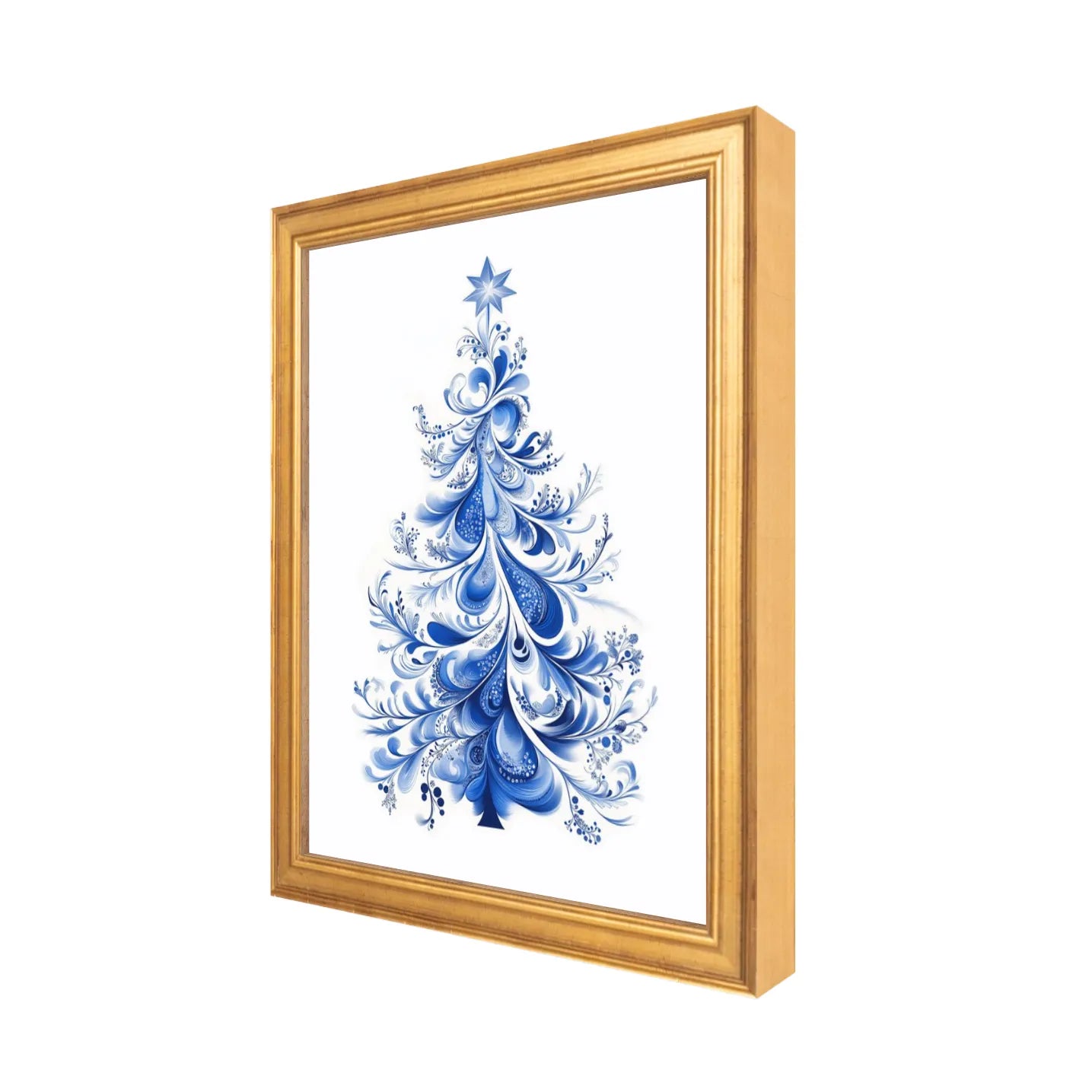 Framed artwork of a blue Christmas tree design on a white background, side view 8" x 10"