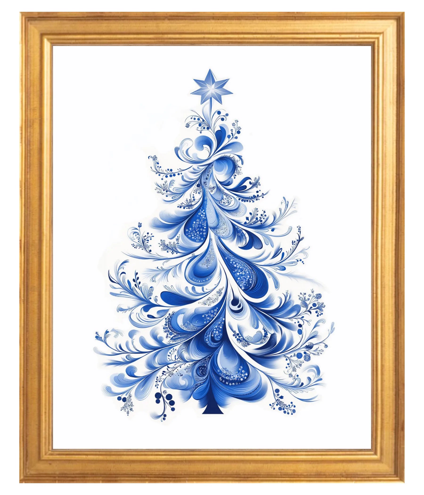 Framed artwork of a blue Christmas tree with a gold frame, 8" x 10"