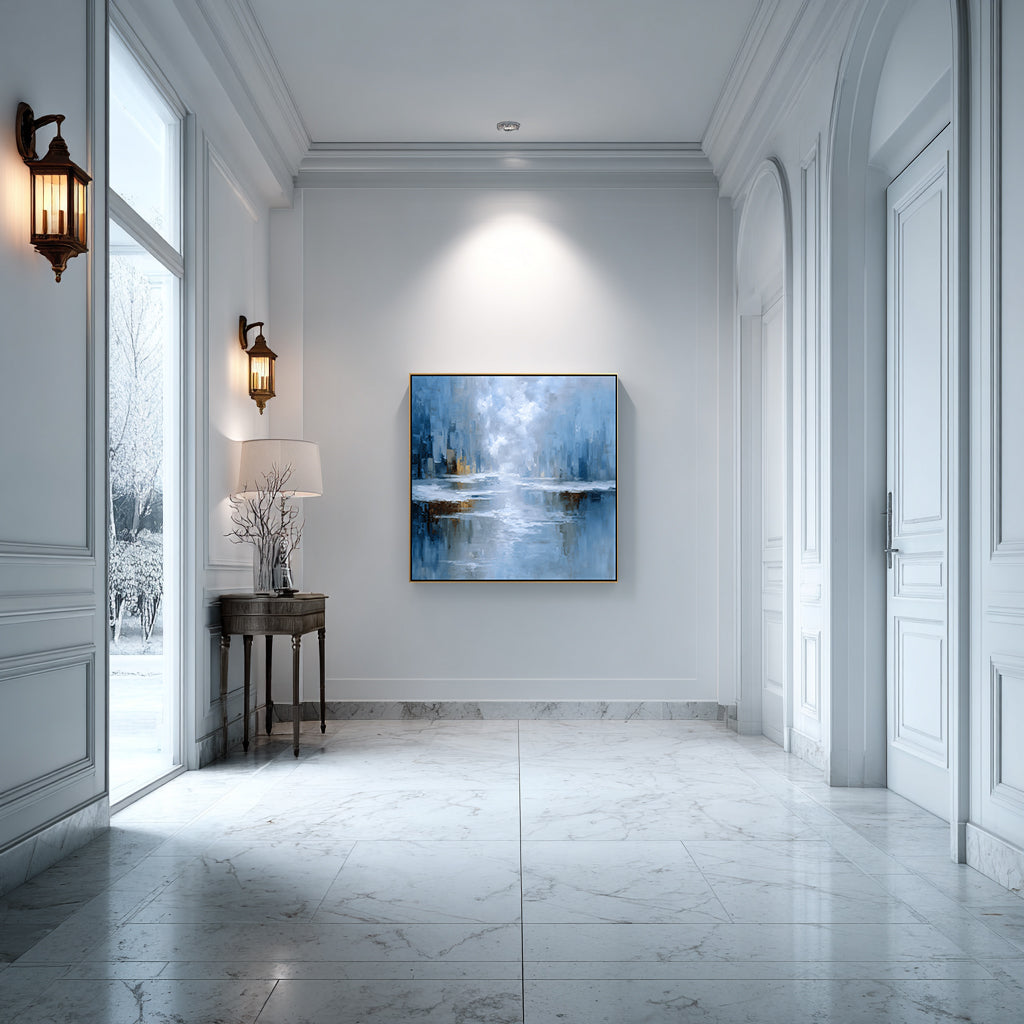 Modern interior hallway with abstract blue artwork on the wall