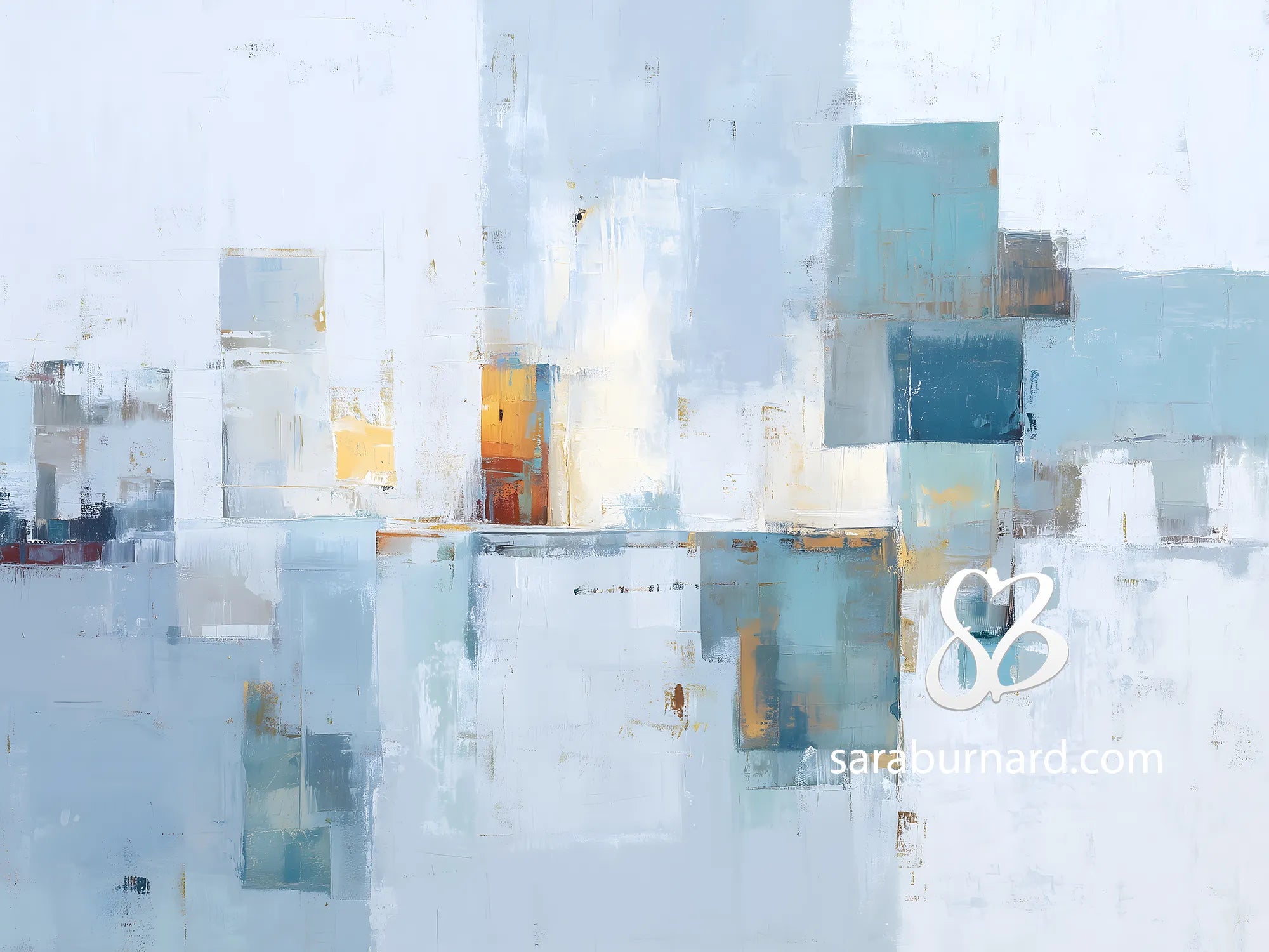 Abstract art with geometric shapes in blue, white, and gold on a light blue background.