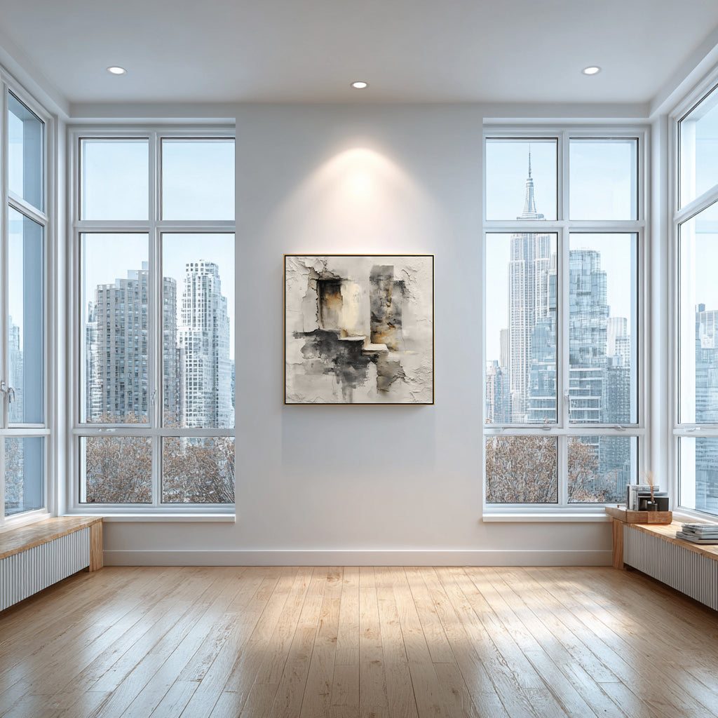 Modern room with large windows, abstract painting on wall, and cityscape view.