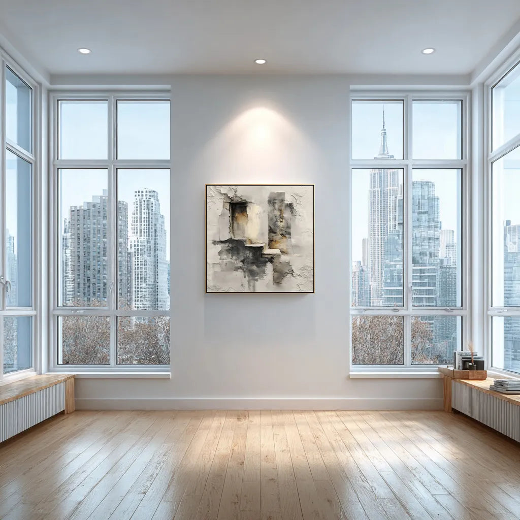 Modern room with large windows, abstract painting on the wall, and cityscape view.