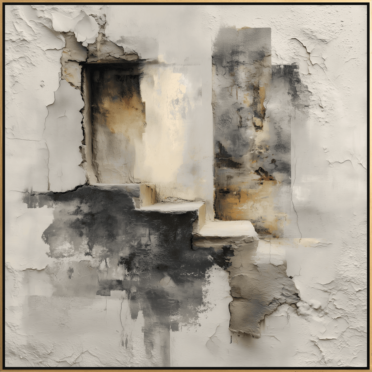 Framed Abstract Canvas Print Distressed Stair Motif in Beige, Charcoal & Ochre 36 x 36