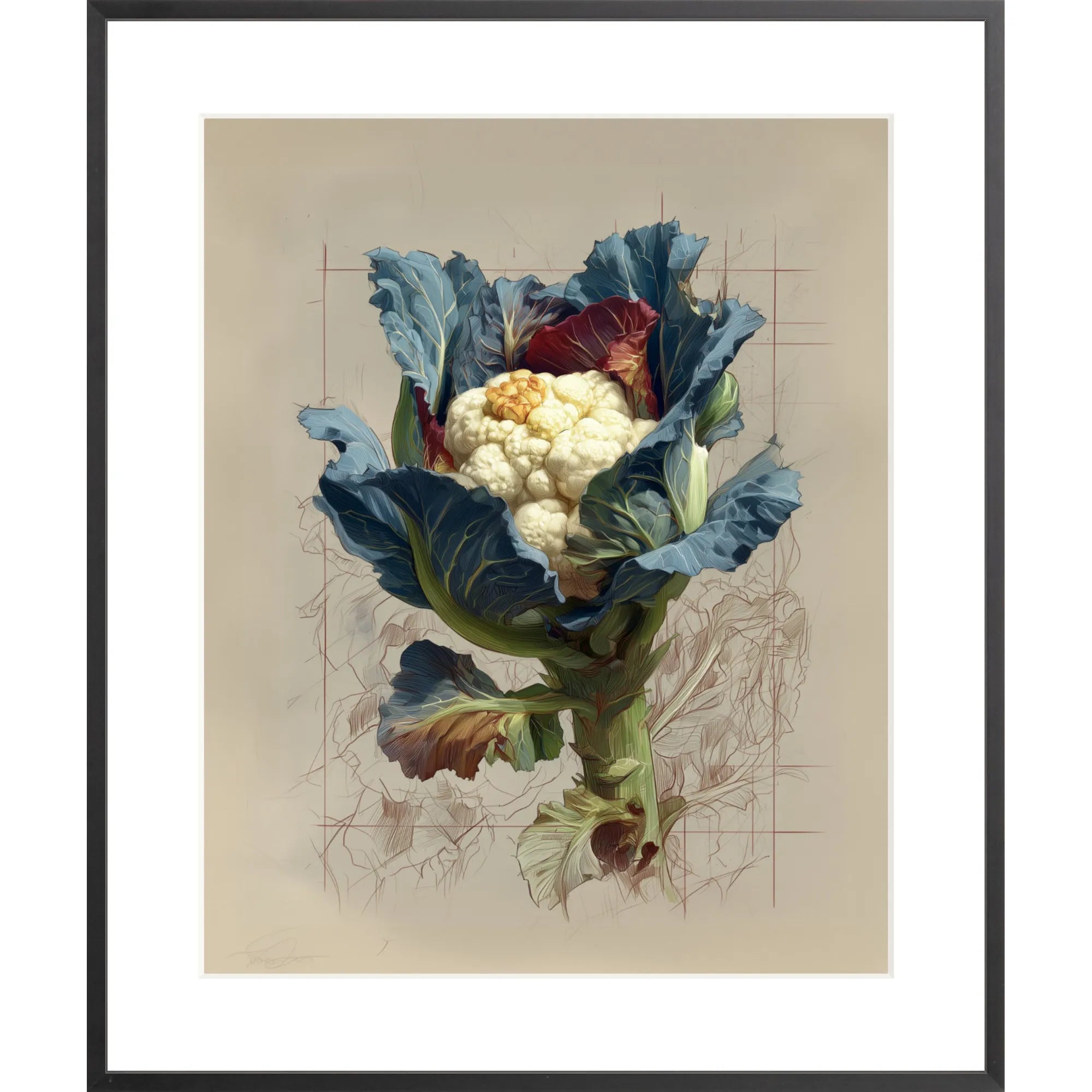 illustration of a cauliflower in a black frame with matting