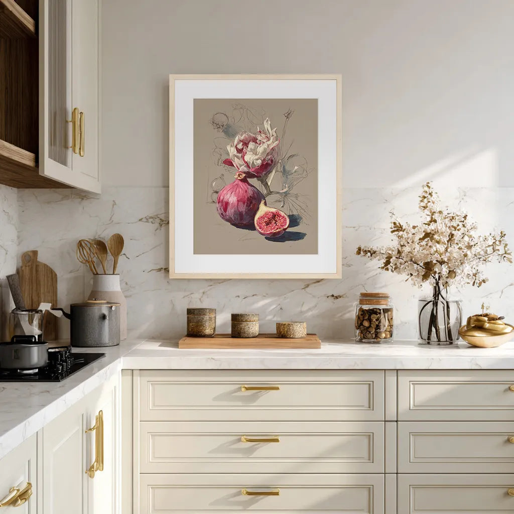 Kitchen interior with a framed artwork on the wall, decorative items on the counter, and light-colored cabinets.