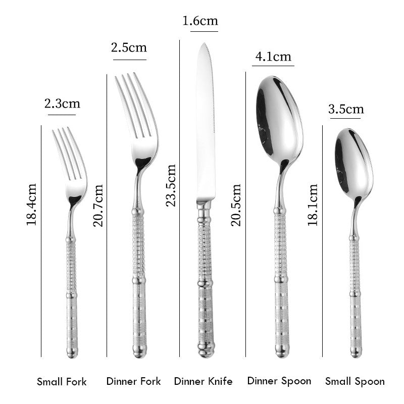 Measurement chart of silver cutlery including small fork, dinner fork, dinner knife, dinner spoon, and small spoon.