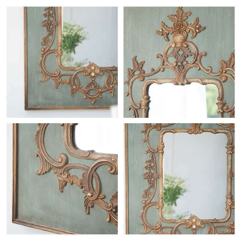 French Antique Wall Mirror with Gold and Green Frame
