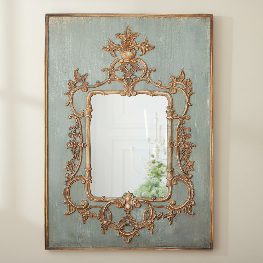 French Antique Wall Mirror with Gold and Green Frame