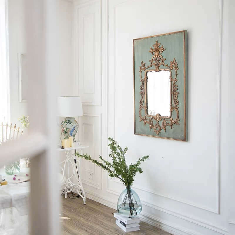 French Antique Wall Mirror with Gold and Green Frame