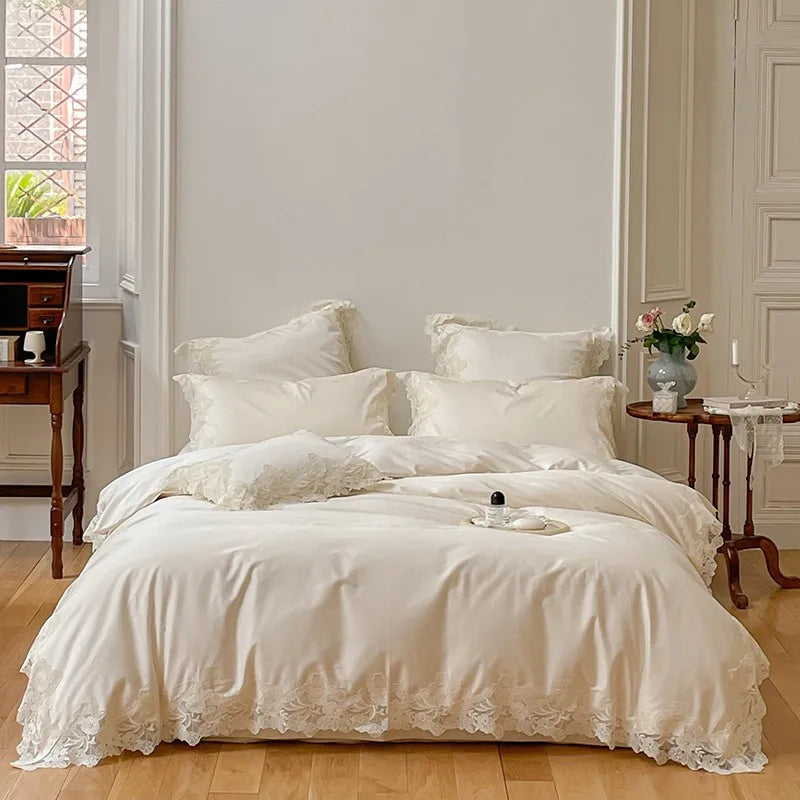 Neatly made bed with white bedding in a bright bedroom.
