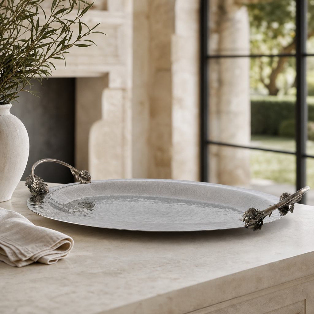 Artichoke Handle Large Steel Serving Tray