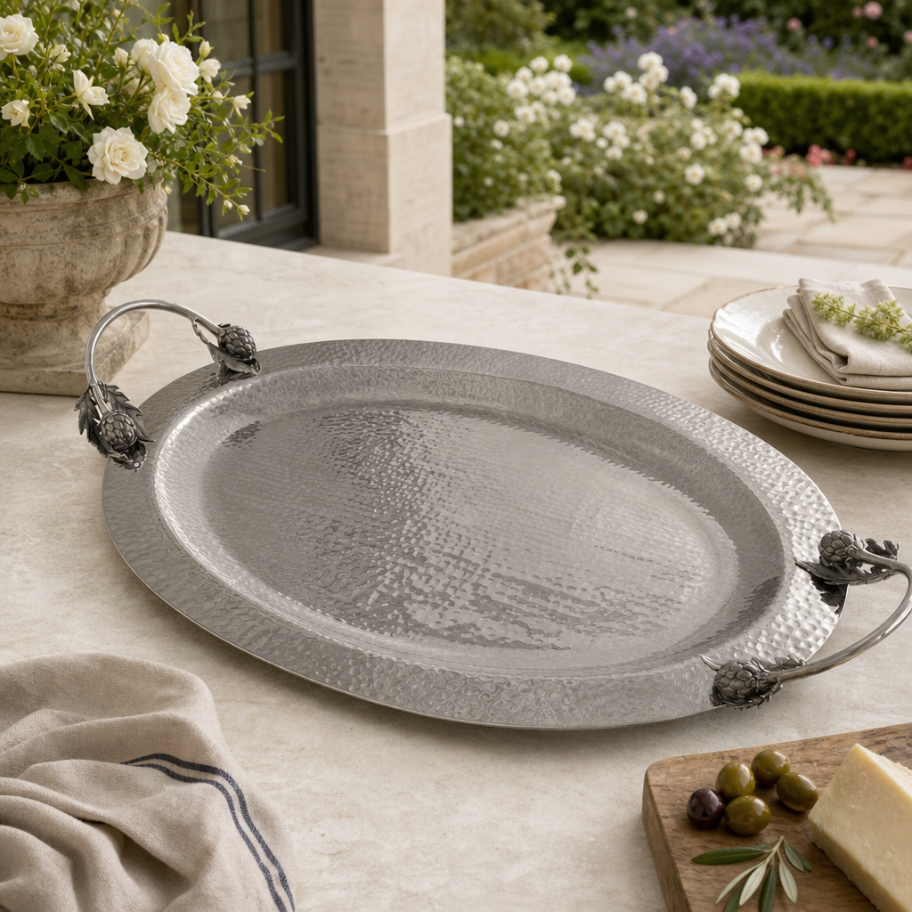 Artichoke Handle Large Steel Serving Tray