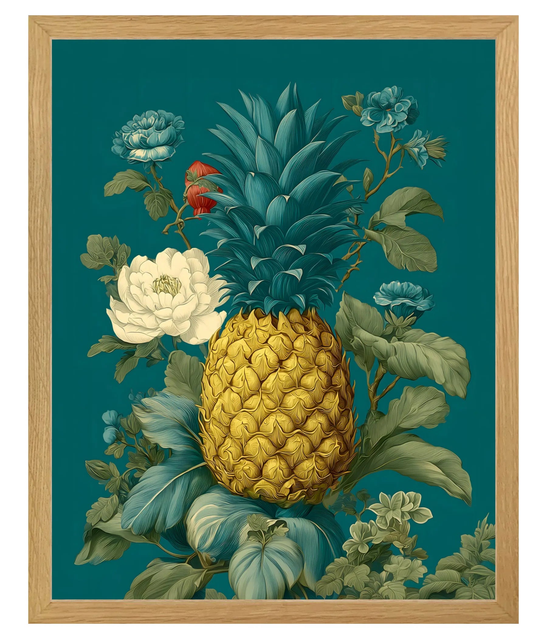 Tropical Pineapple Wall Art Print – Gold, White Oak, or Black & Gold Frame – Teal Botanical Fine Art