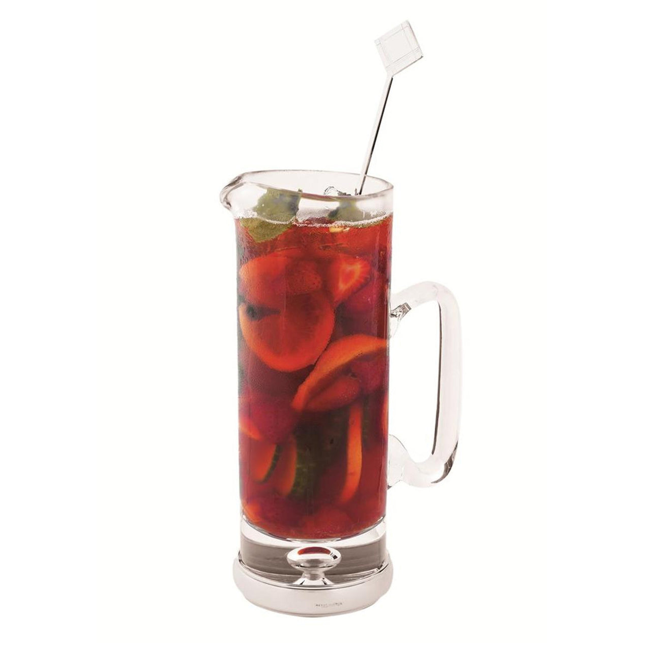 Clear glass jug with mounted sterling silver base on a white background