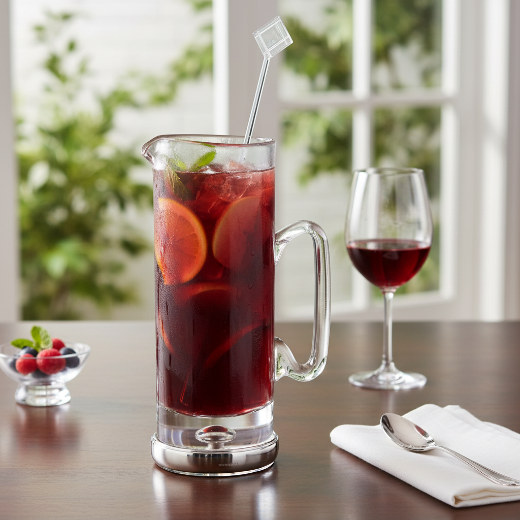 Clear glass and sterling silver pitcher filled with red sangria on a table with a glass of wine and fruit bowl in the background.