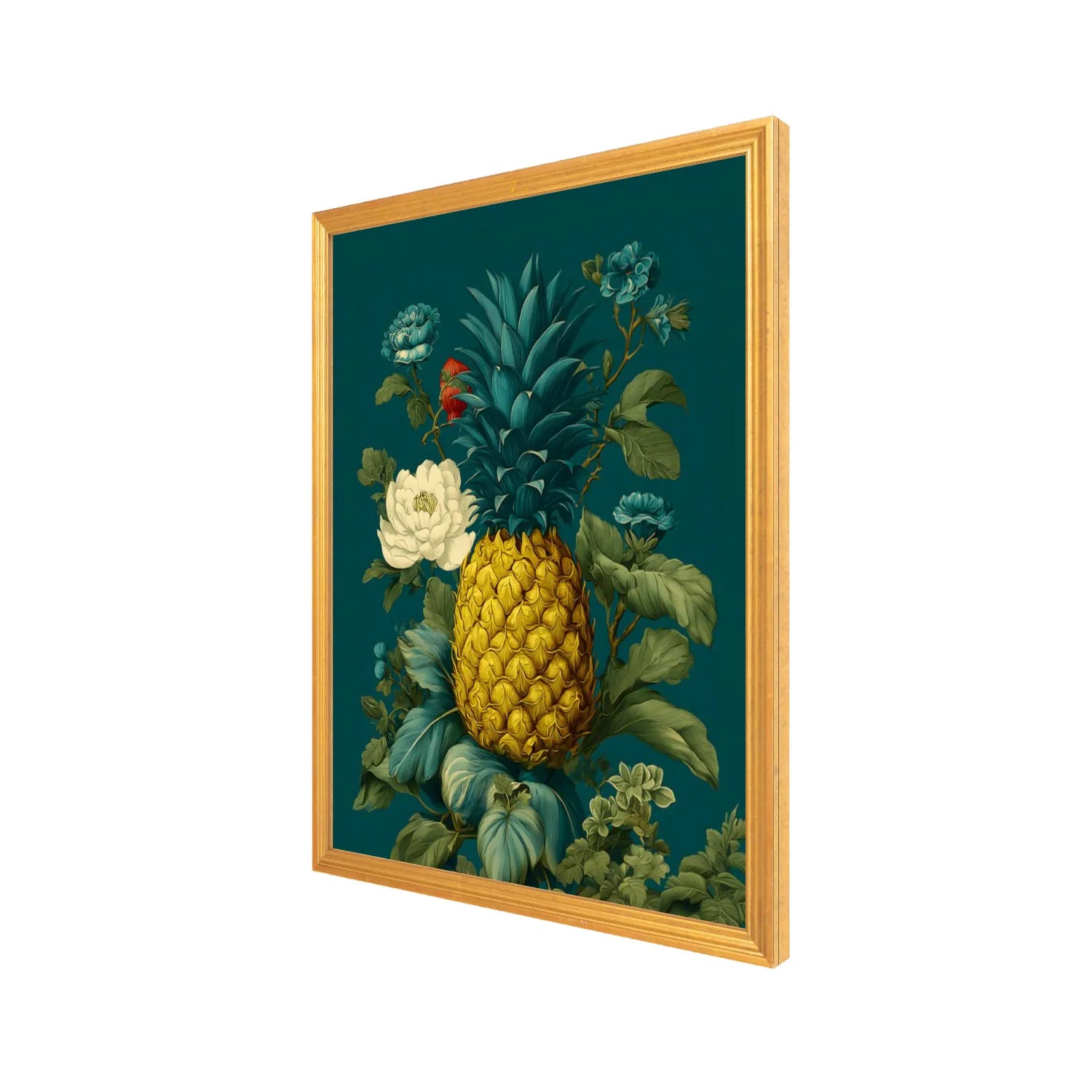 Gold Framed artwork of a pineapple surrounded by flowers and leaves on a teal background 16" x 20" side view